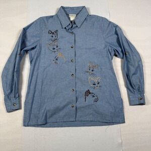 Vintage 90s BonWorth Womens Blue Cotton Chambray Cat Embroidered Shirt XS